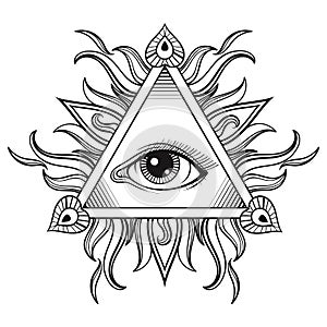 Vector All seeing eye pyramid symbol in tattoo engraving design.