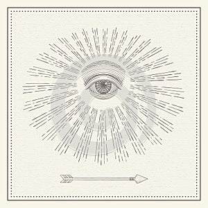 Vector all-seeing eye, eye in the sky with light ray, symbol of the Masons, Illuminati, monochrome hand drawn sketch photo