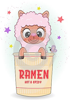 Vector a Alpaca sitting in a cup of ramen noodle