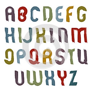 Vector alphabet capital letters set, hand-drawn colorful script, bright drop caps drawn with ink brush, doodle acrylic font.