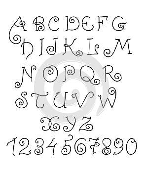 Vector alphabet. Hand drawn funny letters and numbers