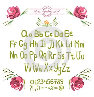 Vector Alphabet. Hand Drawn Green Letters and Flowers