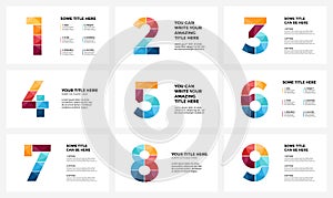 Vector alphabet infographic, presentation slide template. Business concept with numbers 1, 2, 3, 4, 5, 6, 7, 8, 9 and