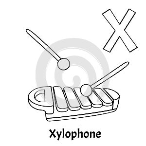 Vector alphabet letter X, coloring page. Xylophone