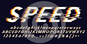 Vector Alphabet letters and numbers stylized fonts, speed effect faster motion, distorted glitch screen effect