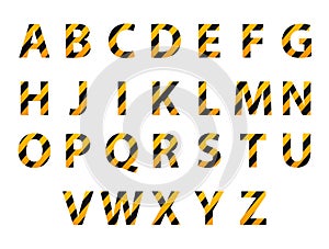 Vector alphabet. Set of striped letters in the form of a protective tape. Repair of building hazard design. Vector illustration.