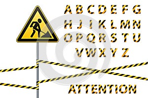 Vector alphabet. Set of striped letters in the form of a protective tape. Repair of building hazard design. Vector illustration.