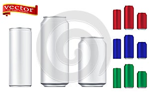 Vector aluminium beer and slim soda can mock up blank template. Juice, soda, beer jar blank. Aluminum can for design