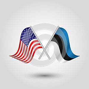 Vector american and estonian flags on silver sticks - symbol of united states of america and estonia