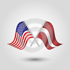 Vector american and latvian flags on silver sticks - symbol of united states of america and latvia