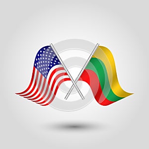 Vector american and lithuanian flags on silver sticks - symbol of united states of america and lithuania