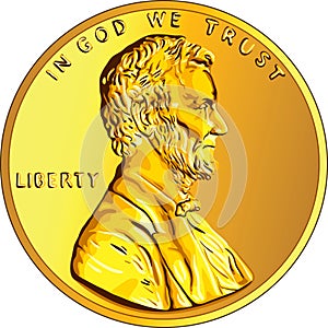 Vector American money gold coin one cent, penny