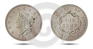 Vector American money, one cent coin, 1816-1839.