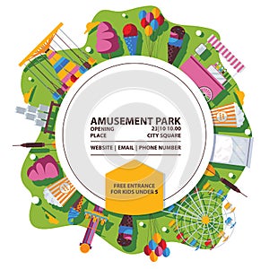 Vector amusement park poster. Bright composition with flat objects and circle