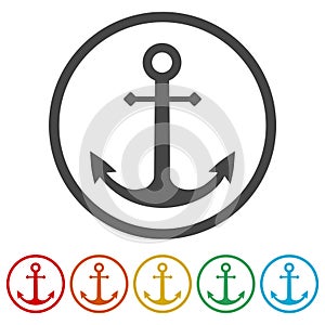 Vector anchor icon, Ship anchor or boat anchor flat icon, 6 Colors Included