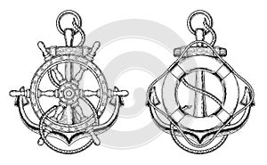 Vector anchors with a wooden ship steering wheel and life ring