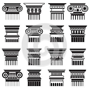 Vector ancient greek roma column capitals silhouette set.