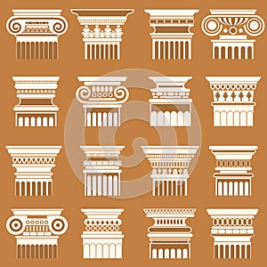 Vector ancient greek roma column capitals silhouette set.