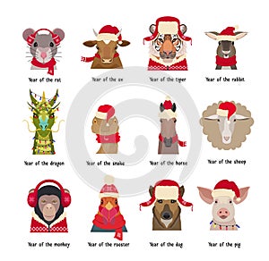 Vector animal Heads in red caps scarfs. Chinese horoscope symbols