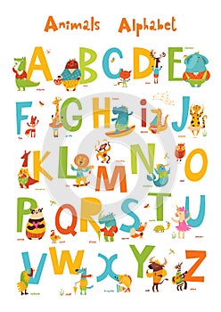 Vector animals ABC with cute cartoon animals characters and letters.