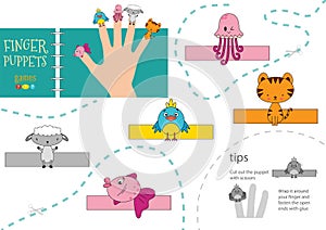 Vector animals as finger puppets. Cut and glue activity for preschool kids photo