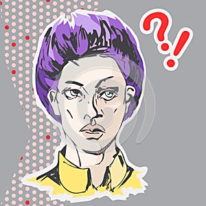 Vector annoyed woman face with purple short hair and yellow shirt