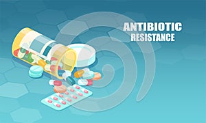 Vector of antibiotic capsules spilling out bottle