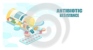 Vector of antibiotic capsules spilling out bottle