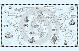 Vector antique world map with countries boundaries and ships