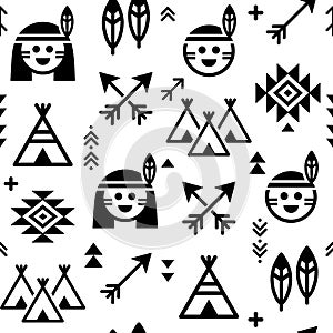 Indian seamless pattern for boys and girls, native American background with teepee and arrows