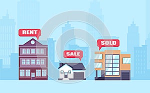 Vector of apartments, business offices and houses on sale, being rented or sold