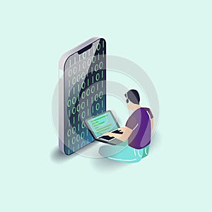 Vector app user illustration. Flat art with smartphone mobile application.