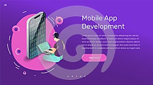 Vector app user illustration. Flat art with smartphone mobile application.