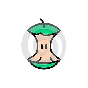 Apple core, food waste, garbage flat color line icon.