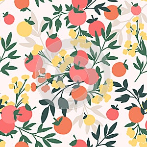 Vector apples seamless pattern. Fruits, Flowers and leaves.