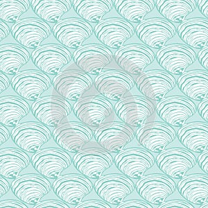Vector aqua rows of clam seashells repeat pattern. Suitable for gift wrap, textile and wallpaper