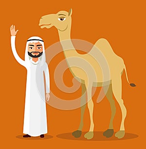 Vector - Arab bedouin man waving his hand and camel in desert dunes.