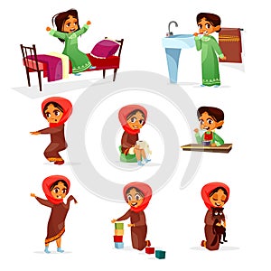 Vector arab girl daily morning routine activity