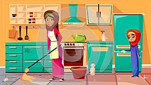 Vector arab mother daughter cleaning together