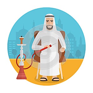 Vector arabian man smoking hookah.