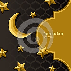 Vector arabic pattern, 3d stylized golden moon, stars and gold frame. Arabesque ornaments for ramadan holiday decoration.