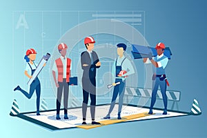 Vector of an architect, construction workers and engineers team working together on real estate