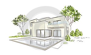 Vector architectural sketch modern exclusive house. Modern architecture/ photo