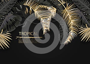 Vector arrangement with black and gold tropical leaves on dark background. Luxury exotic botanical design for cosmetics, spa,