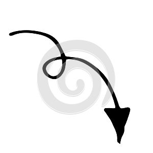 Vector arrow. An isolated element drawn by hand in the doodle style with a curved spiral of black arrows on a white background for