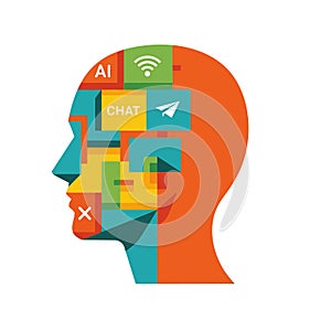 Vector art of artificial intelligence head, representing ai, communication, and technology integration in human thought processes