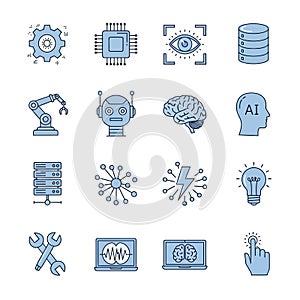 Vector art of artificial intelligence icons, representing machine learning, neural networks, robotics, and data analysis for
