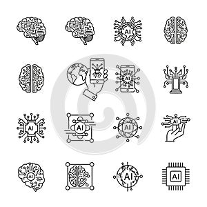 Vector art of artificial intelligence icons showcasing various representations of ai, machine learning, and neural networks
