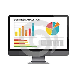 Vector art of business analytics dashboard on computer screen displaying charts and graphs for data analysis and visualization