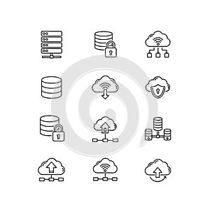 Vector art of cloud computing and networking icons, representing data storage, security, and network infrastructure solutions